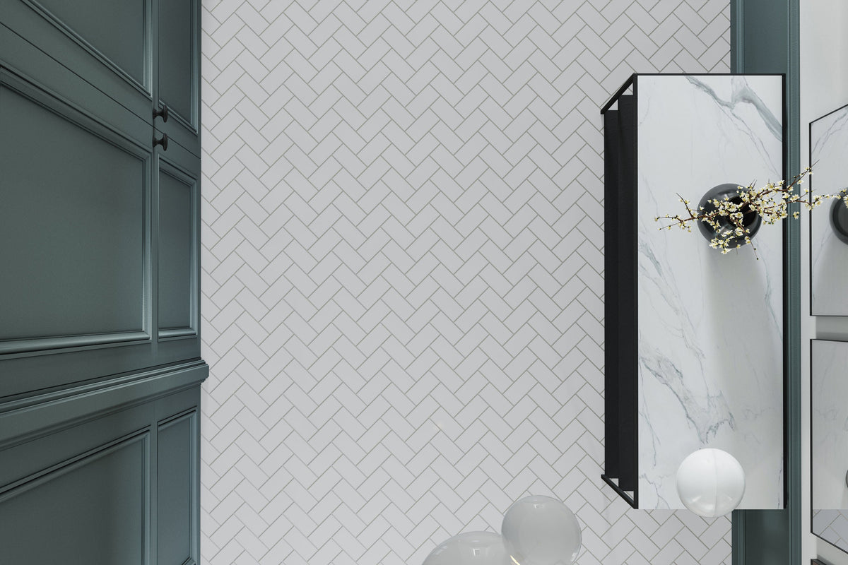 Satori Hudson 11-in x 11-in Glossy Porcelain Herringbone Subway Wall Tile, White (1-sq ft Piece)