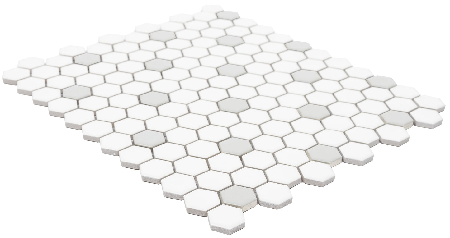 Satori Hudson Brilliant White and Gray 10-in x 12-in Matte Porcelain Hexagon Mosaic Floor and Wall Tile (0.82-sq. ft/ Piece)