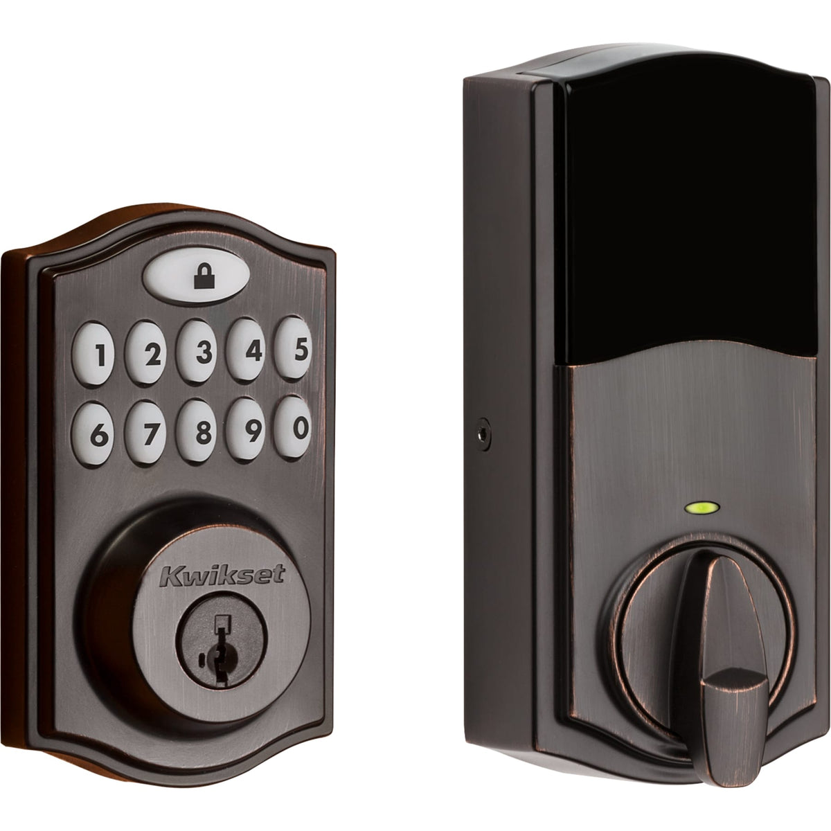 Kwikset Z-Wave SmartCode Venetian Bronze Single Cylinder Electronic Deadbolt featuring Tustin Hall/Closet Lever
