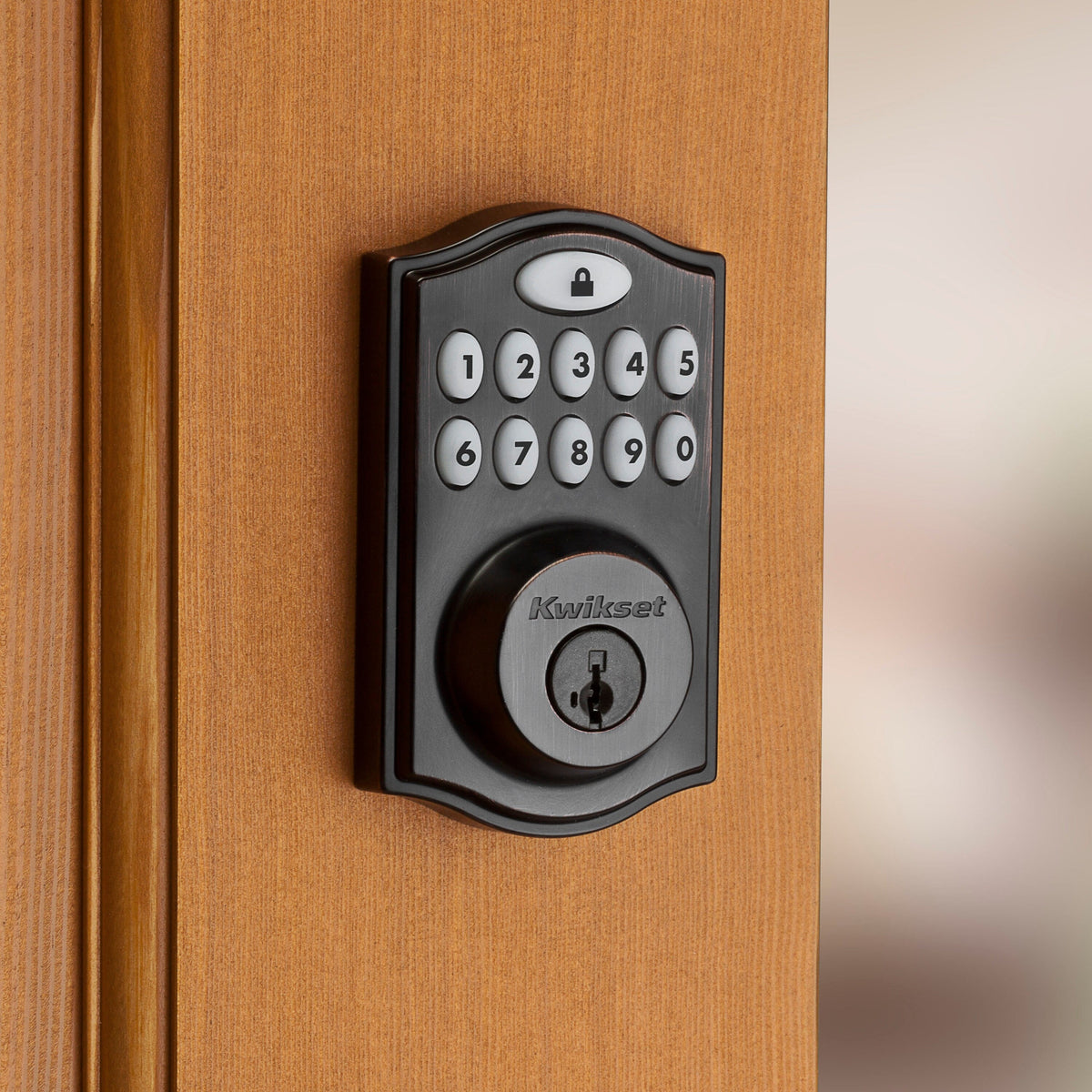 Kwikset Z-Wave SmartCode Venetian Bronze Single Cylinder Electronic Deadbolt featuring Tustin Hall/Closet Lever
