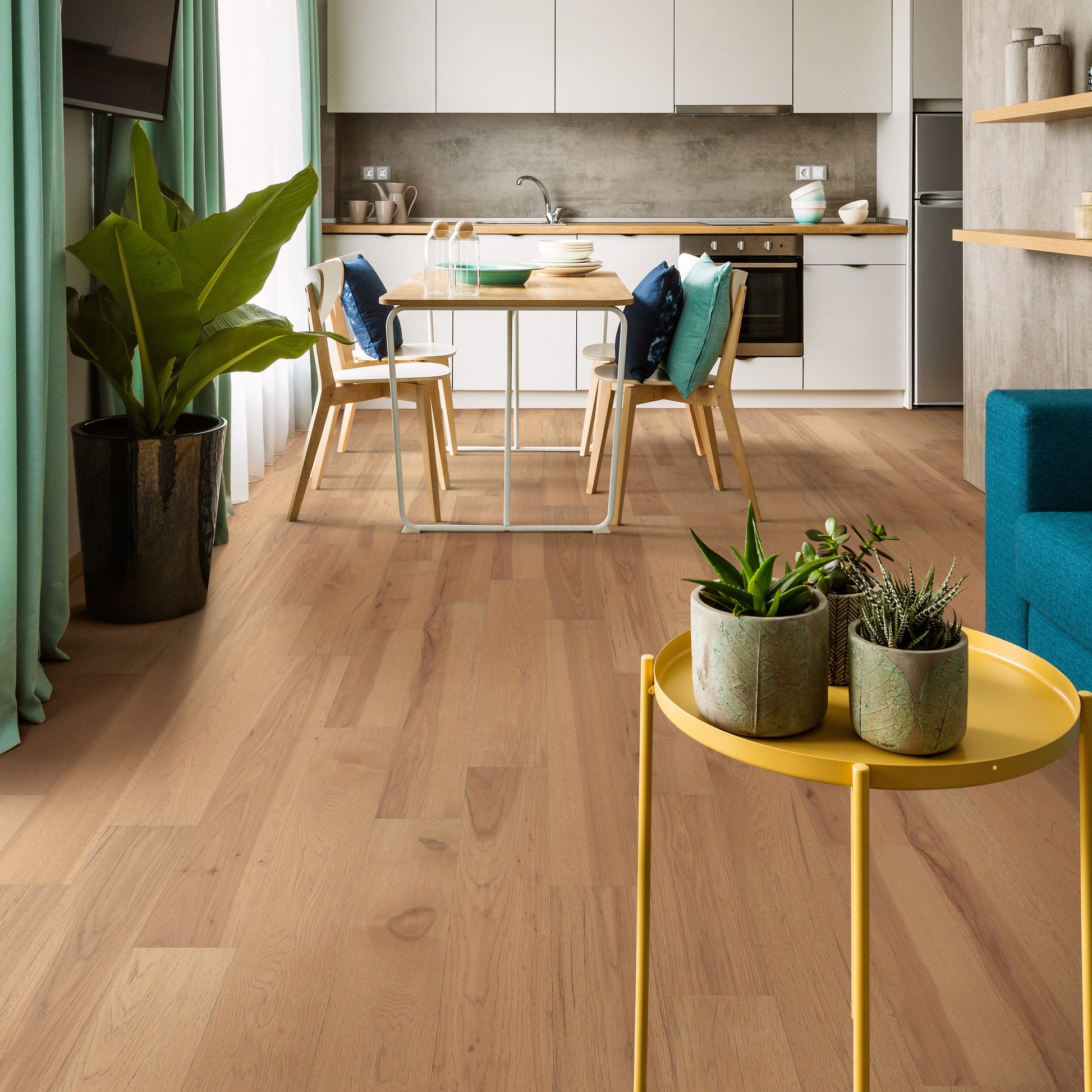 SMARTCORE Hickory Hawkeye hardwood flooring — installed room view