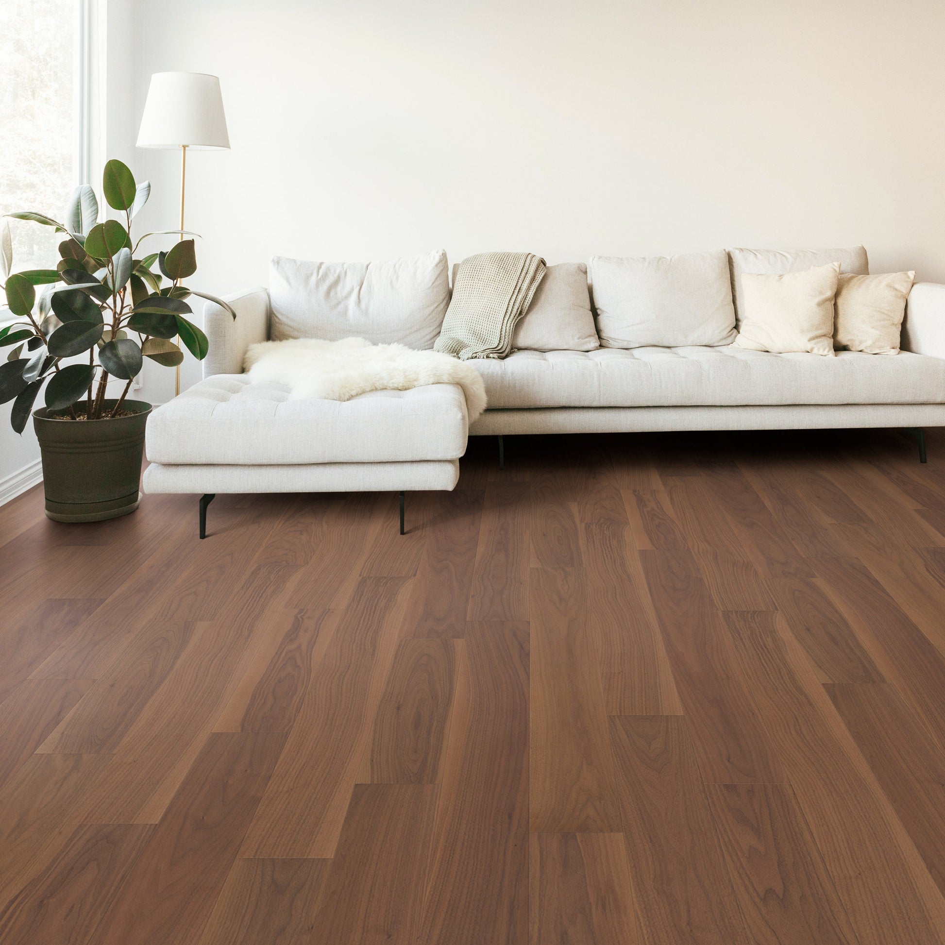 SMARTCORE Walnut Caribou hardwood flooring — installed room view