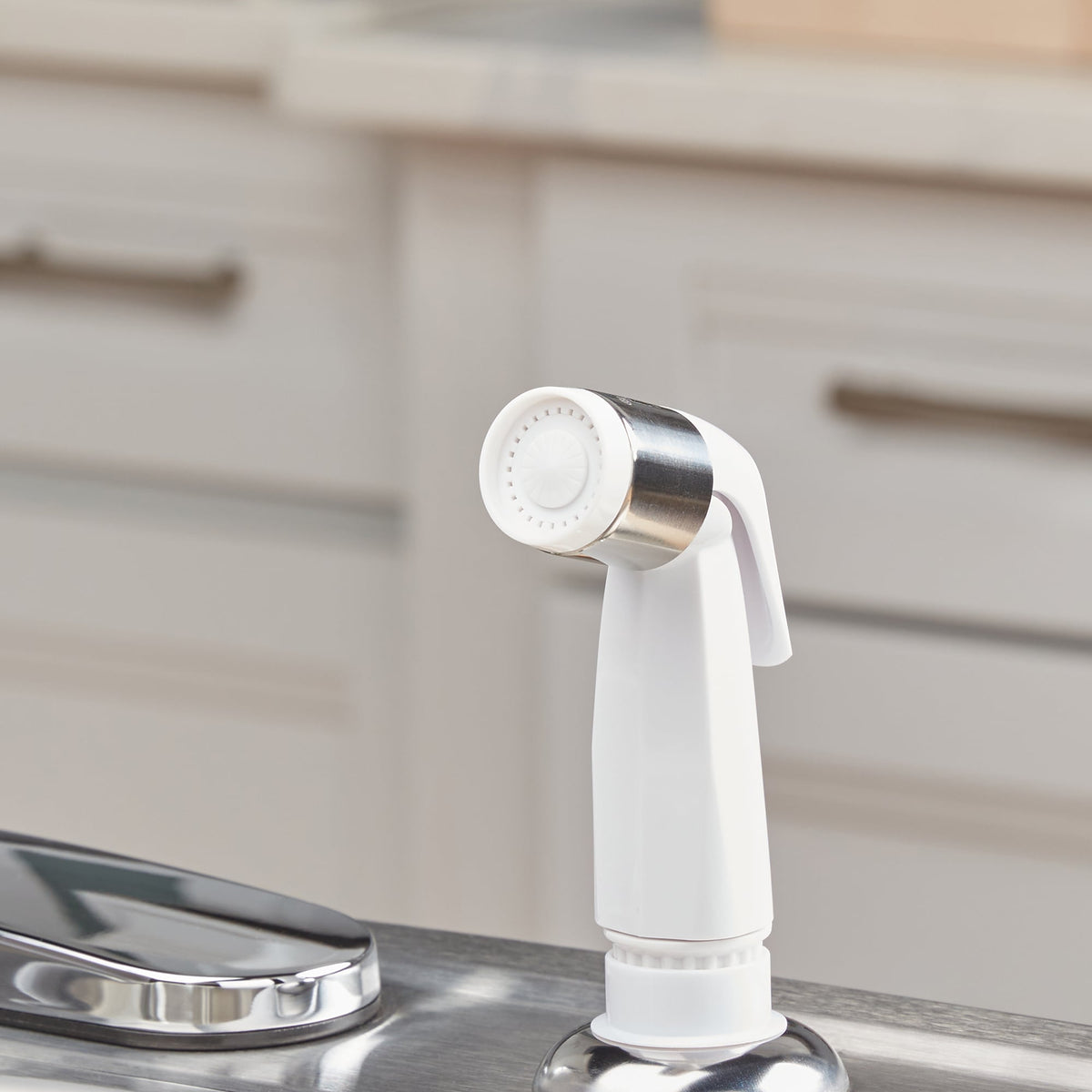 Project Source Chrome 1-Handle Deck-Mount Low-Arc Kitchen Faucet with Side Sprayer, Deck Plate Included