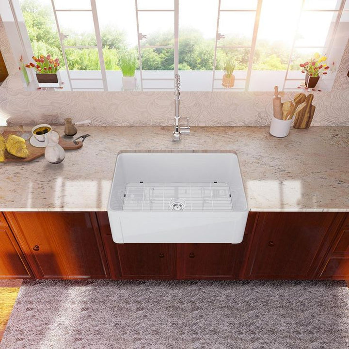 White Ceramic Fireclay 30 in. Single Bowl Farmhouse Kitchen Sink