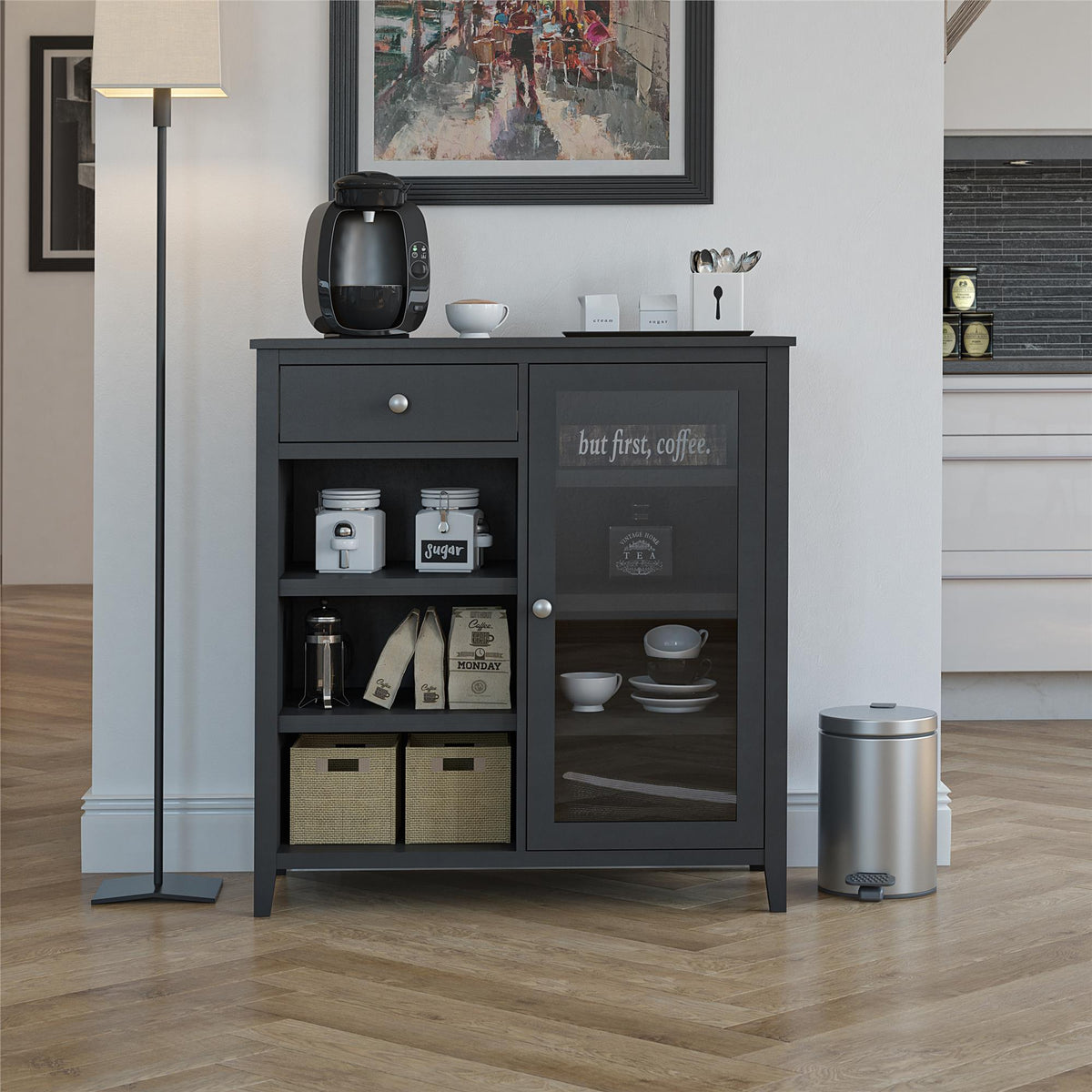 Ameriwood Home Tuxedo Contemporary/Modern Black Curio Cabinet with Wine Storage