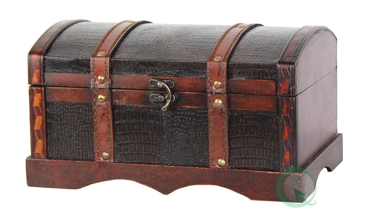 Vintiquewise Vintage Style Brown Leather Wooden Chest - 12-in x 6.5-in x 6.5-in - Decorative Storage Trunk