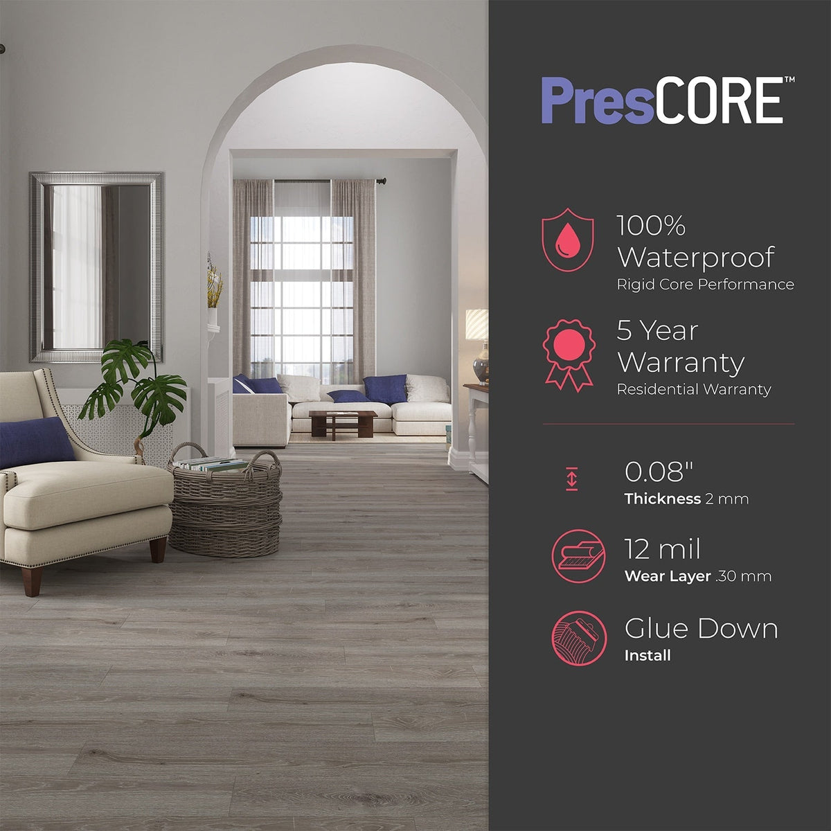 Lucida USA PresCore Toasted Gray 12-mil x 6-in W x 36-in L Waterproof Glue Down Luxury Vinyl Plank Flooring (54-sq ft/ Carton)