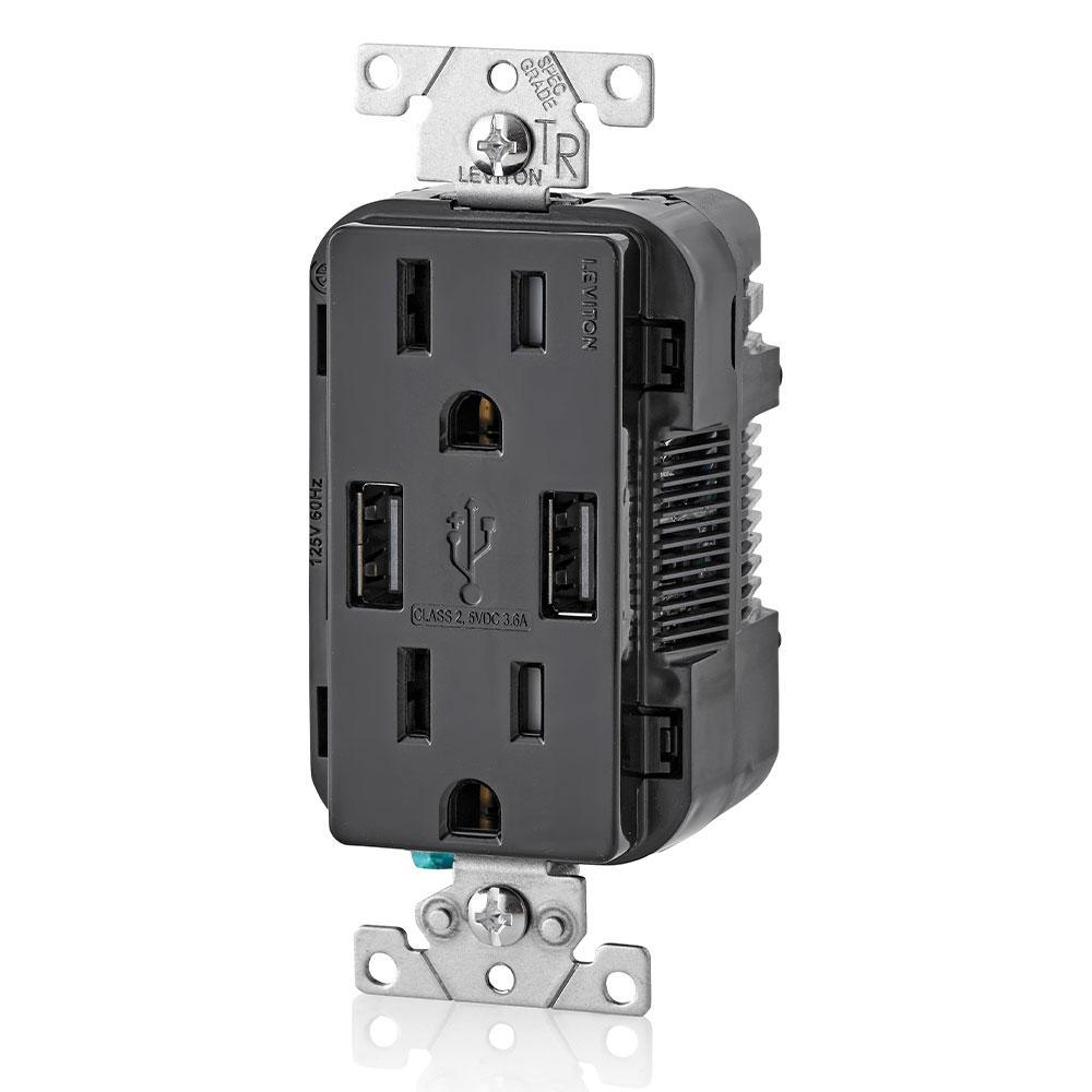 3.6A USB Dual Type A In-Wall Charger with 15 Amp Tamper-Resistant Outlets, Black - Super Arbor