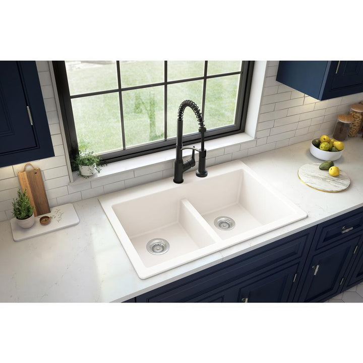 White Quartz 33 in. 50/50 Double Bowl Composite Drop-in Kitchen Sink - Super Arbor