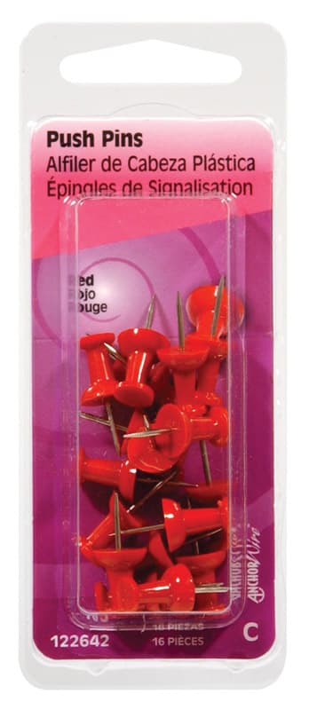 Hillman Red Push Pins, 16 Pack