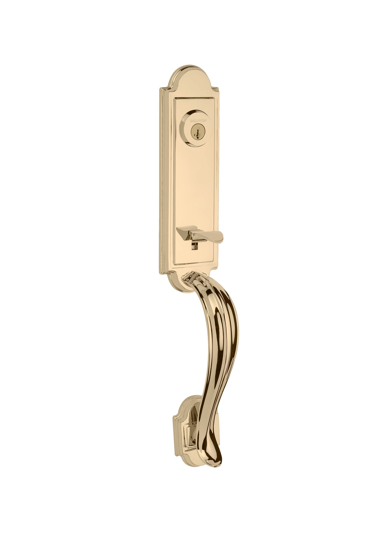 Kwikset Prestige Avendale Single-Cylinder Handleset with Arch Rose Tobin Lever, Lifetime Polished Brass, SmartKey Security