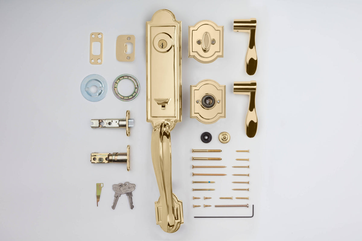 Kwikset Prestige Avendale Single-Cylinder Handleset with Arch Rose Tobin Lever, Lifetime Polished Brass, SmartKey Security