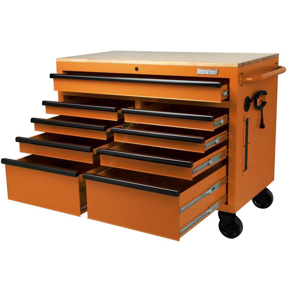 46 in. W x 24.5 in. D 9-Drawer Tool Chest Mobile Workbench with Solid Wood Top in Orange - Super Arbor