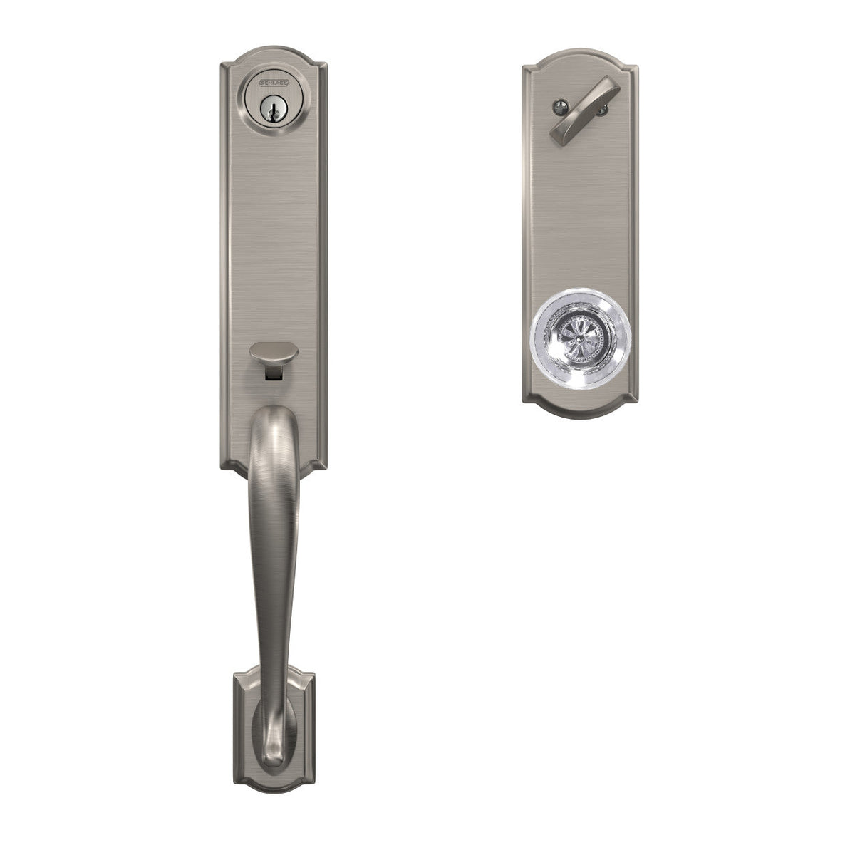 Schlage Custom Camelot Satin Nickel 3/4 Trim Single Cylinder Door Handleset with Hobson Glass Door Knob