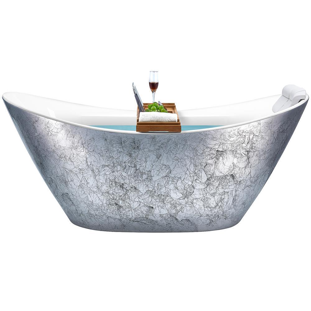 Freestanding 67 in. Acrylic Flatbottom Bathtub Modern Stand Alone Tub Luxurious SPA Tub in Glossy Silver - Super Arbor