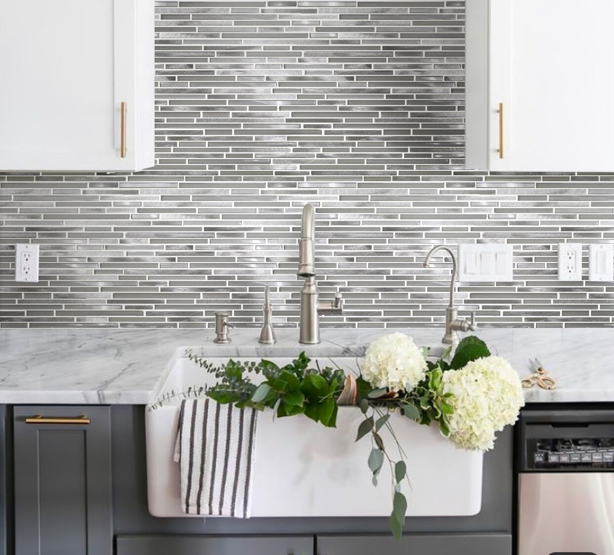 Apollo Tile (Sample) Waterfall White and Silver 4-in x 4-in Multi-finish Marble Linear Marble Look Wall Tile