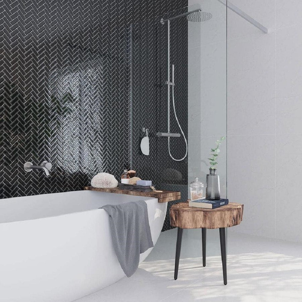 Apollo Tile (Sample) Colorway Black 4-in x 4-in Glossy Glass Herringbone Mosaic Floor and Wall Tile