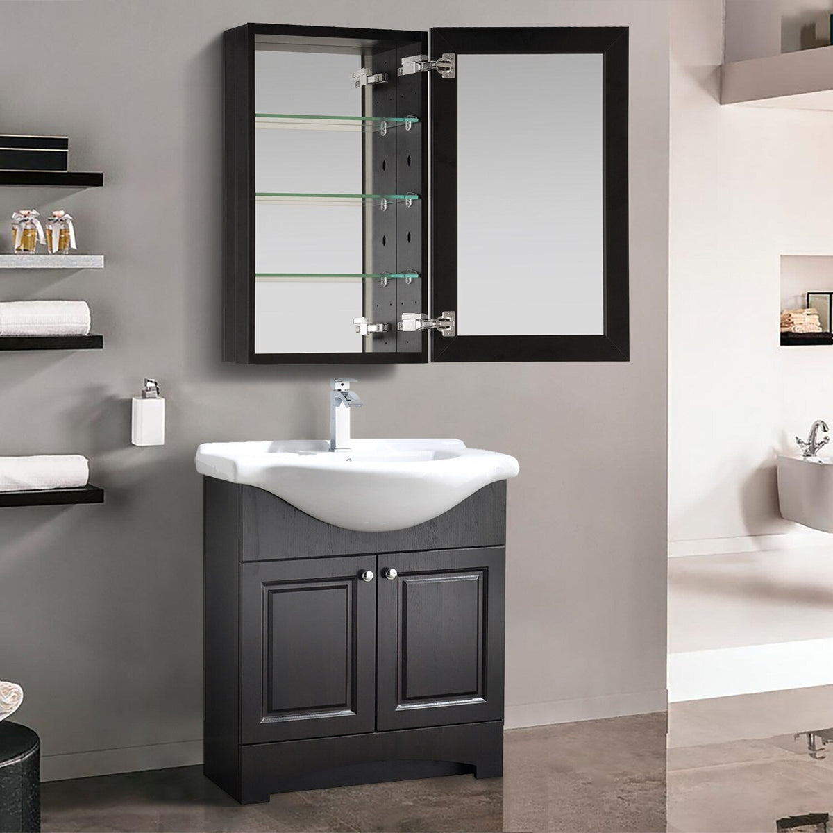 WELLFOR KAIF 19-in x 30-in Surface/Recessed Mount Black Mirrored Soft Close Medicine Cabinet