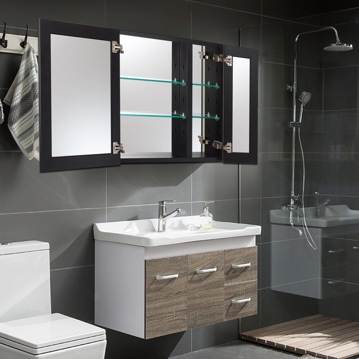 WELLFOR KAIF 30-in x 26-in Surface/Recessed Mount Black Mirrored Soft Close Medicine Cabinet