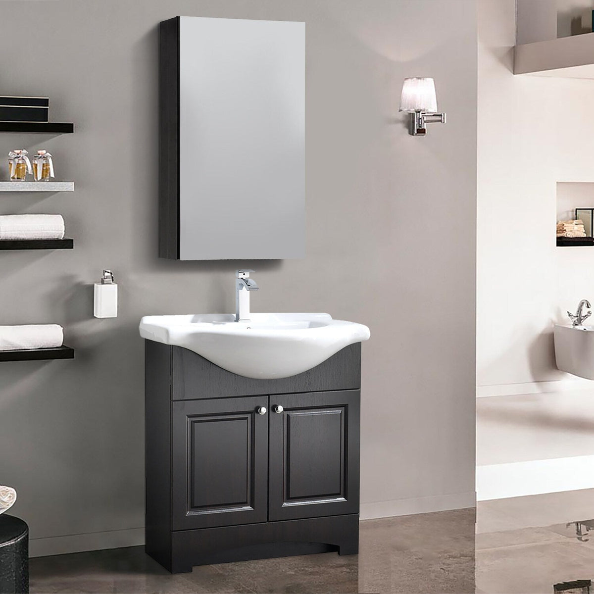 WELLFOR KAIF 19-in x 30-in Surface/Recessed Mount Black Mirrored Soft Close Medicine Cabinet