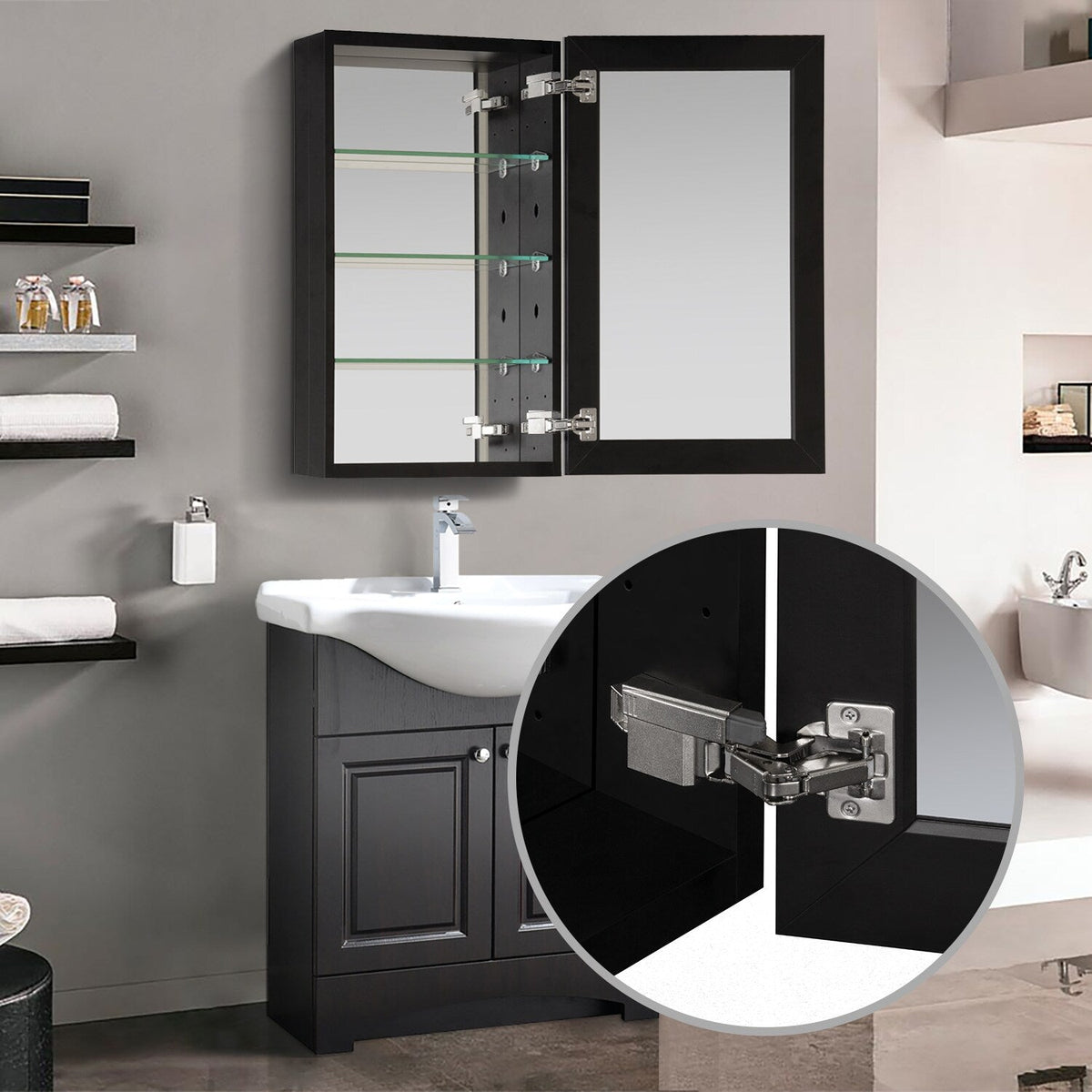 WELLFOR KAIF 19-in x 30-in Surface/Recessed Mount Black Mirrored Soft Close Medicine Cabinet