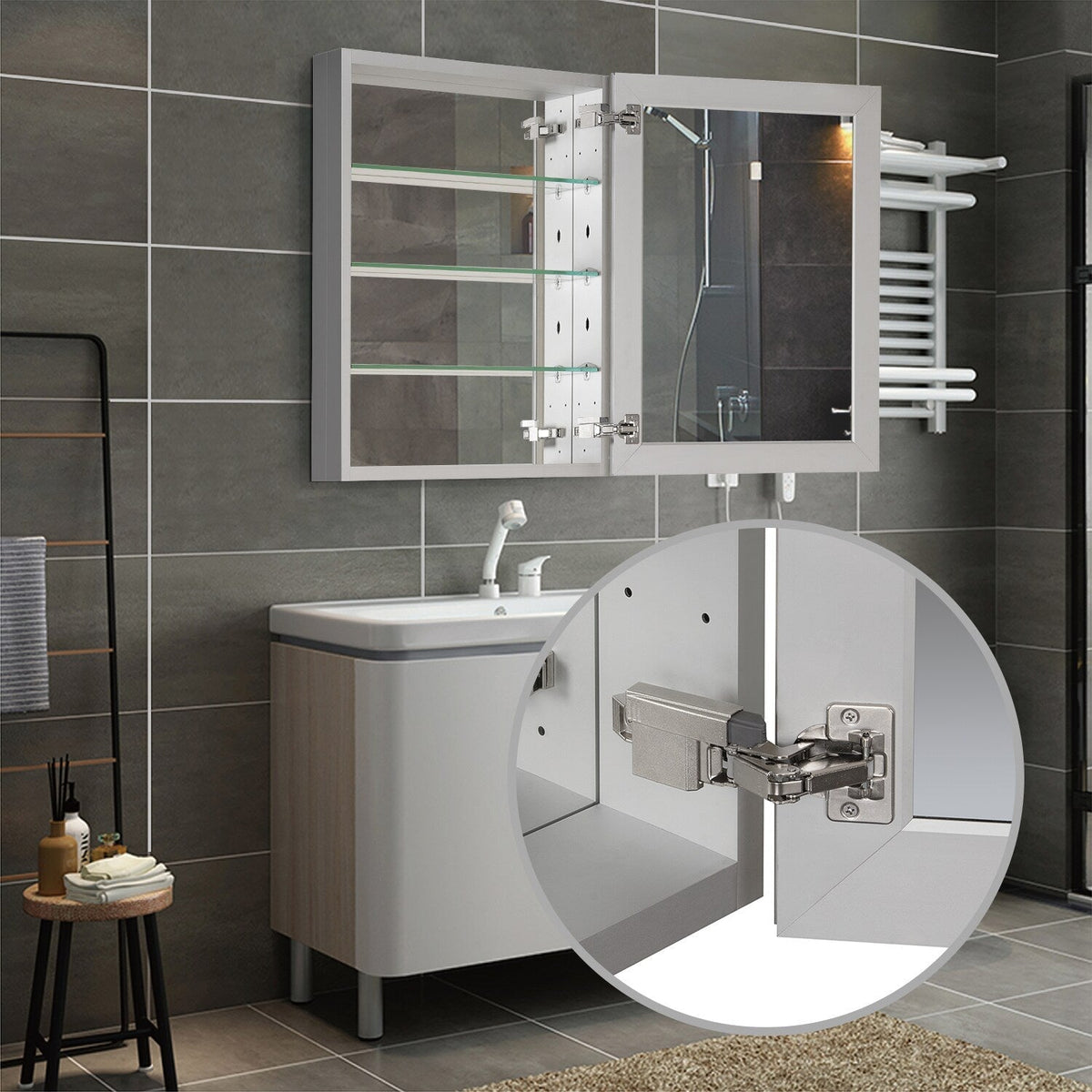 WELLFOR KAIF 23-in x 30-in Surface/Recessed Mount Aluminum Mirrored Soft Close Medicine Cabinet