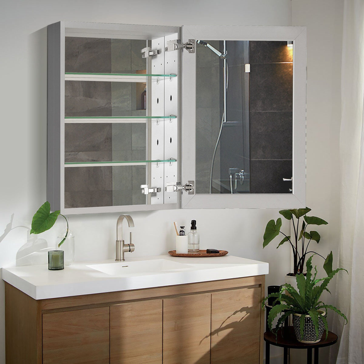 WELLFOR KAIF 23-in x 30-in Surface/Recessed Mount Aluminum Mirrored Soft Close Medicine Cabinet