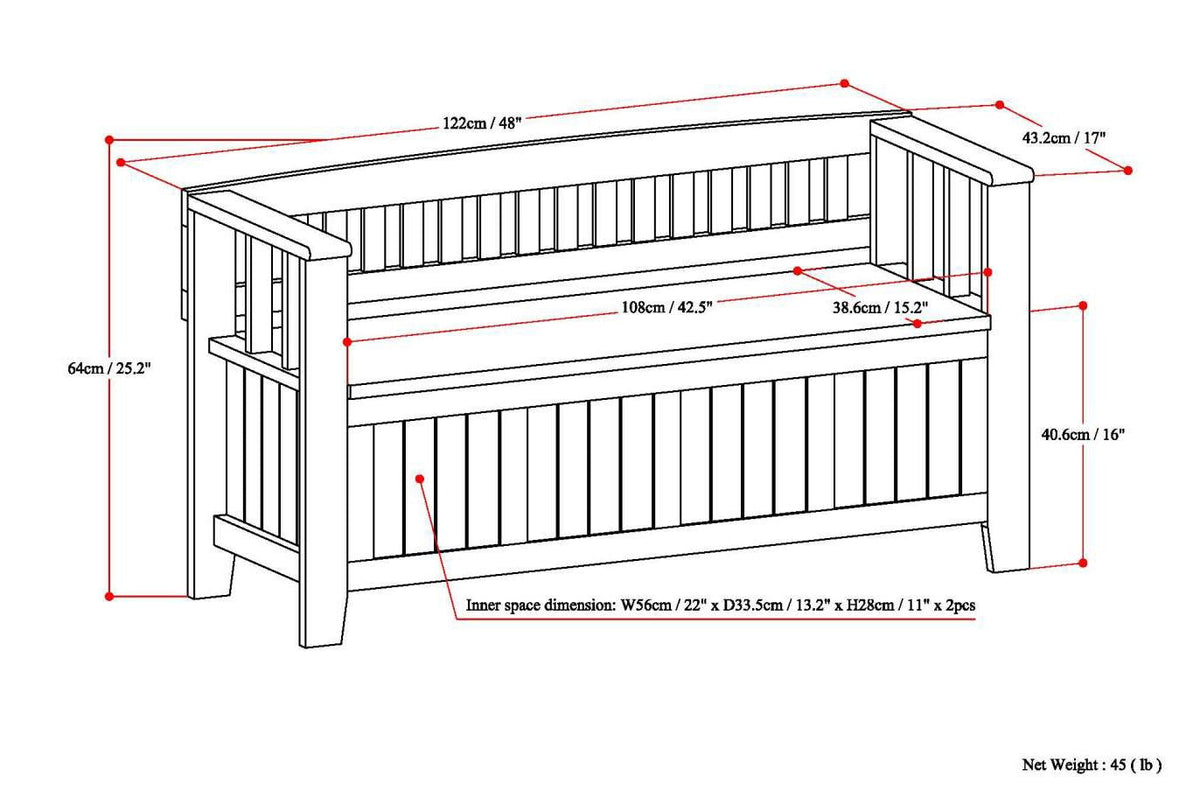 Simpli Home Acadian Modern Black Storage Bench with Storage 48-in x 17-in x 9.65-in