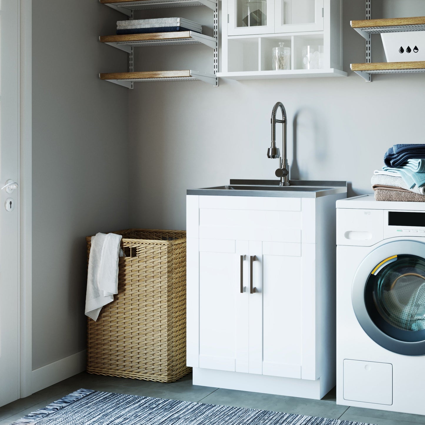 Simpli Home Hennessy 23.6-in Pure White Freestanding Laundry Sink with Cabinet