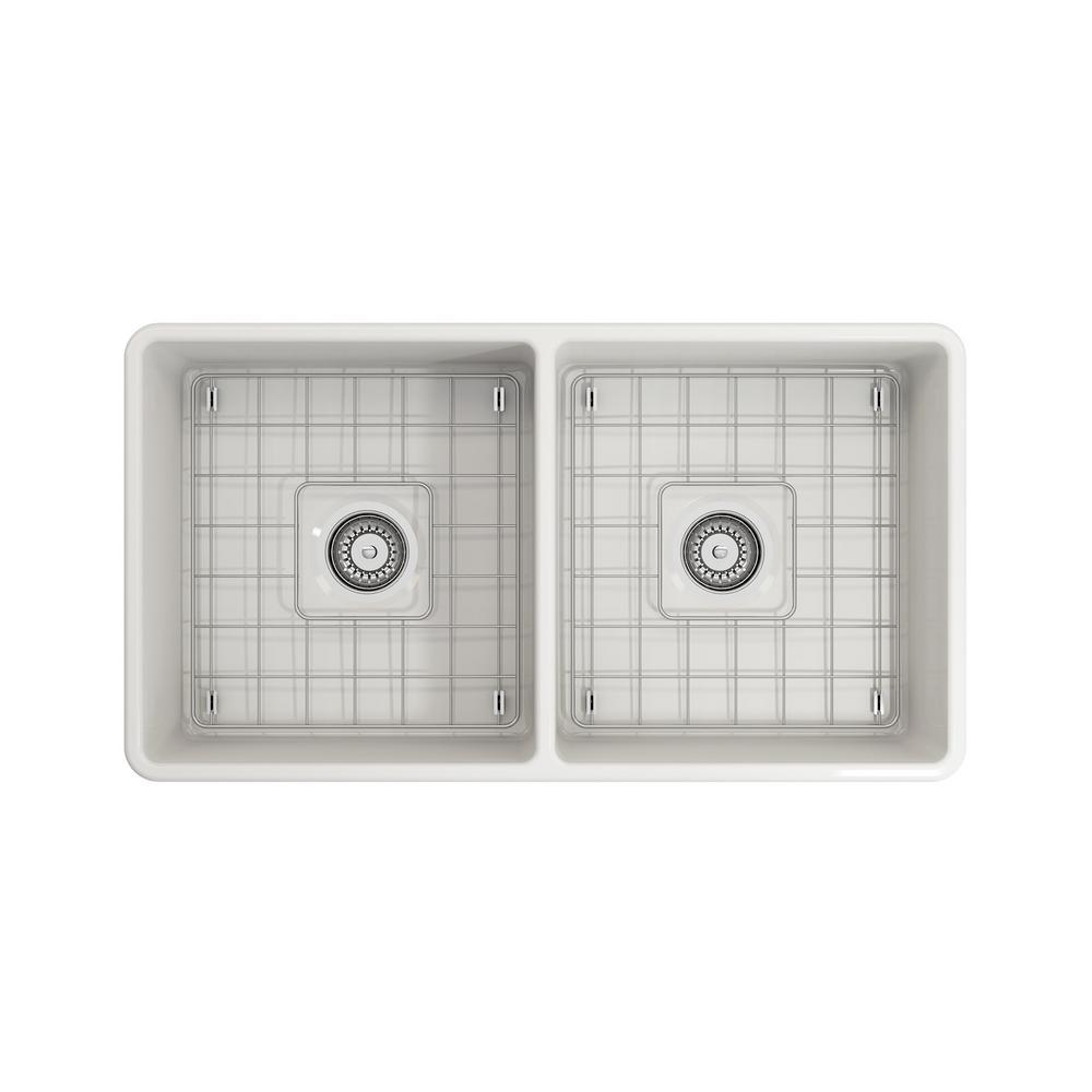 Classico Farmhouse Apron Front Fireclay 33 in. Double Bowl Kitchen Sink with  Bottom Grid and Strainer in White - Super Arbor