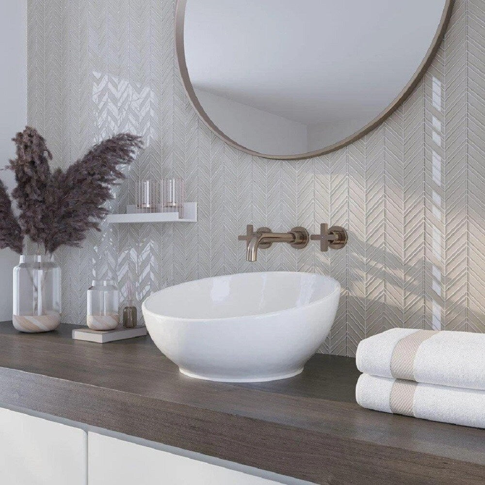 Apollo Tile (Sample) Glacier Pearl White 4-in x 4-in Polished Glass Chevron Mosaic Floor and Wall Tile