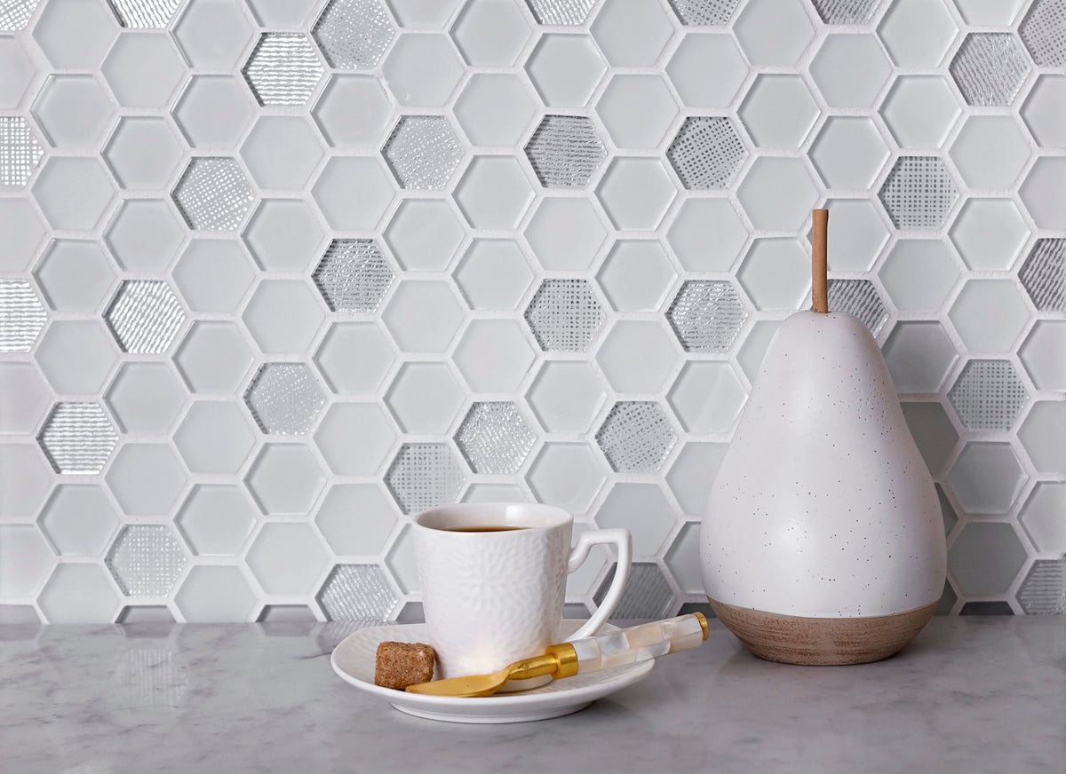 Apollo Tile (Sample) Glacier White and Gray 4-in x 4-in Polished Glass Honeycomb Mosaic Floor and Wall Tile