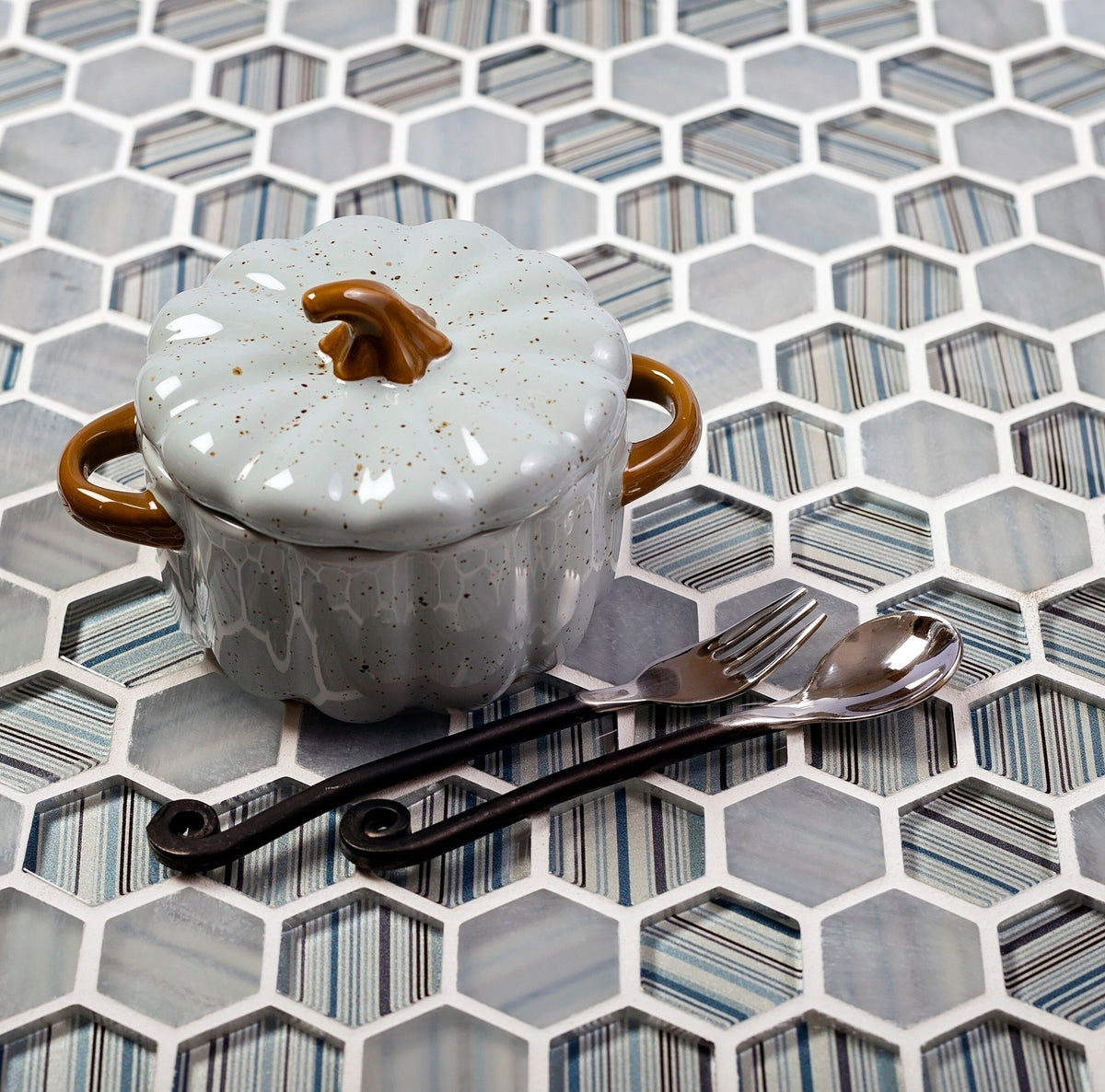 Apollo Tile (Sample) Glacier Blue and Gray 4-in x 4-in Polished Glass Honeycomb Mosaic Floor and Wall Tile