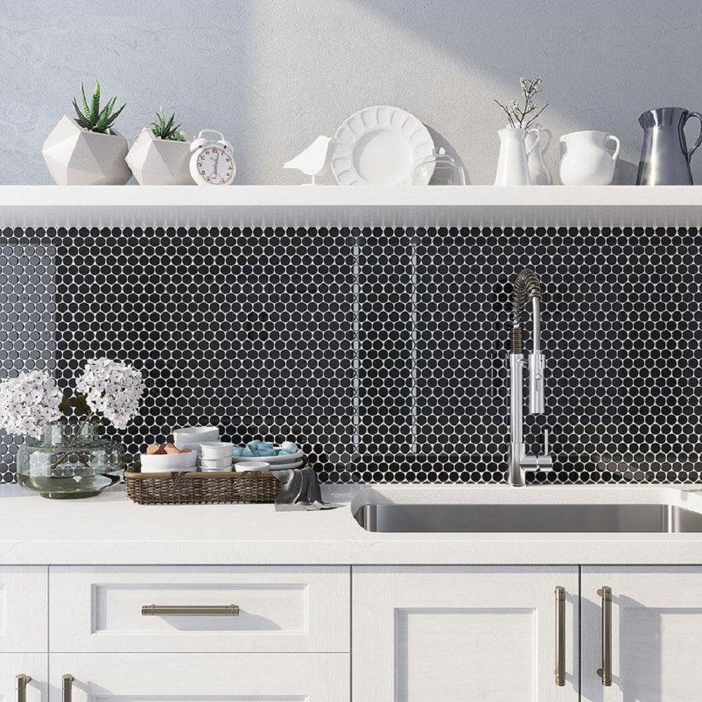Apollo Tile (Sample) Colorway Black 4-in x 4-in Glossy Glass Penny Round Mosaic Floor and Wall Tile