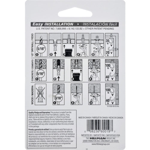 Hillman VersaHook Small White Brass Multi-Purpose Ceiling Hooks, 5.7 in L, 35 lb Drywall / 75 lb Wood, 2-Pack