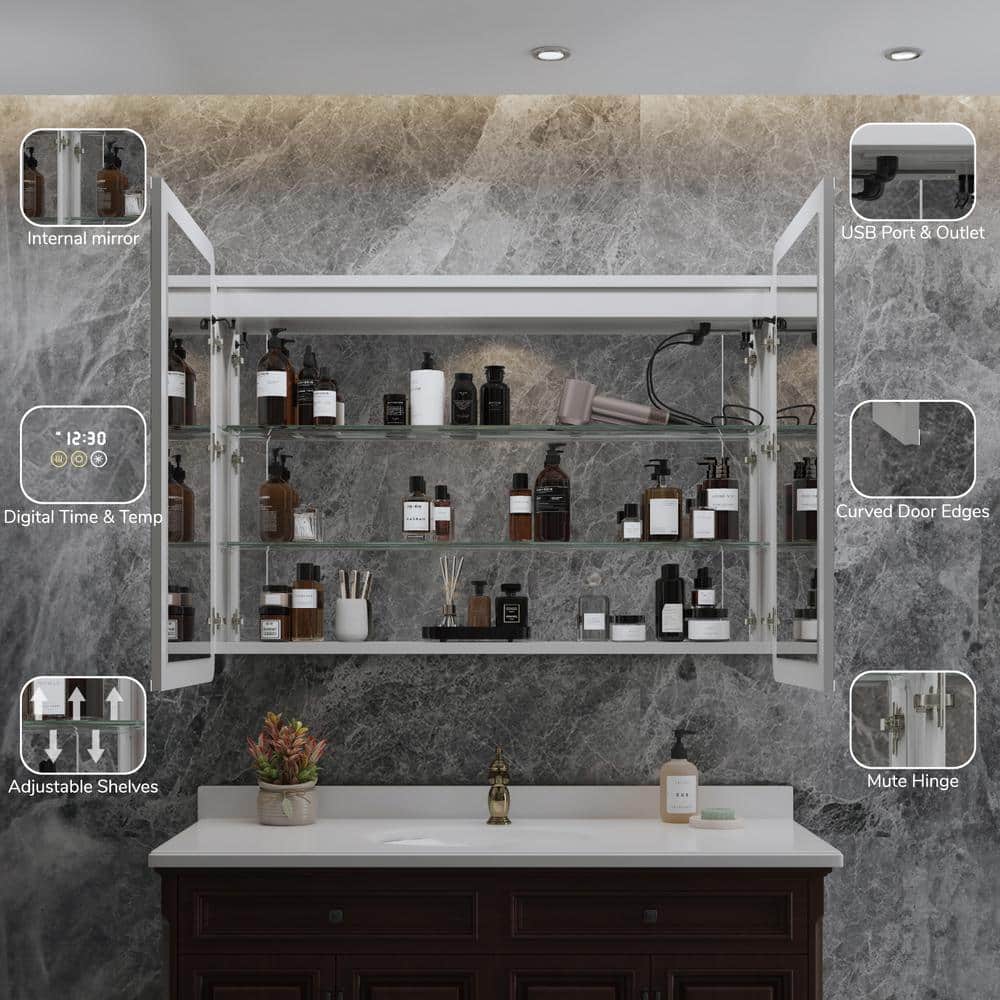 HBEZON Artemis 48 in. W x 36 in. H Medium Rectangular Aluminum Rounded Edge Dimmable Medicine Cabinet with Mirror