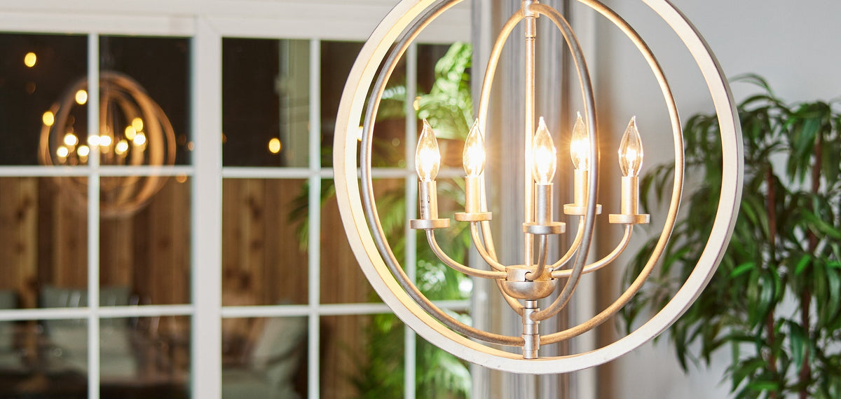 Progress Lighting Fairwood 5-Light Antique White and Galvanized Farmhouse Globe Medium Hanging Pendant Light