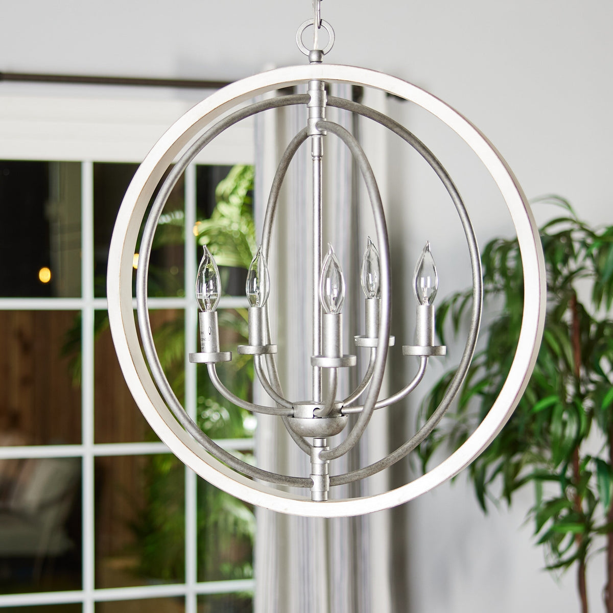 Progress Lighting Fairwood 5-Light Antique White and Galvanized Farmhouse Globe Medium Hanging Pendant Light