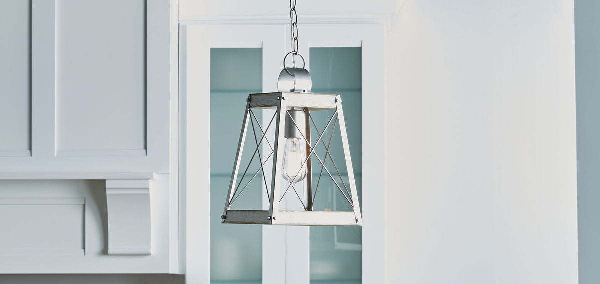 Progress Lighting Bradberry Antique White with Galvanized Accents Farmhouse Lantern Pendant Light, 9.125-in W x 16.875-in H