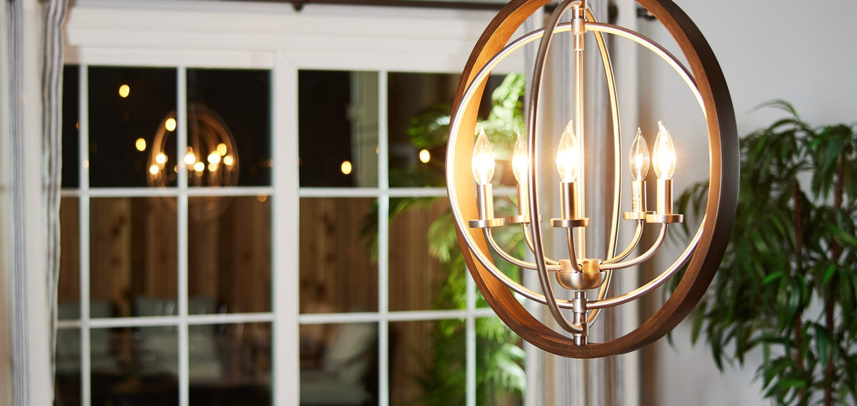 Progress Lighting Fairwood 5-Light Teak Wood and Satin Nickel Transitional Globe Medium Hanging Pendant Light