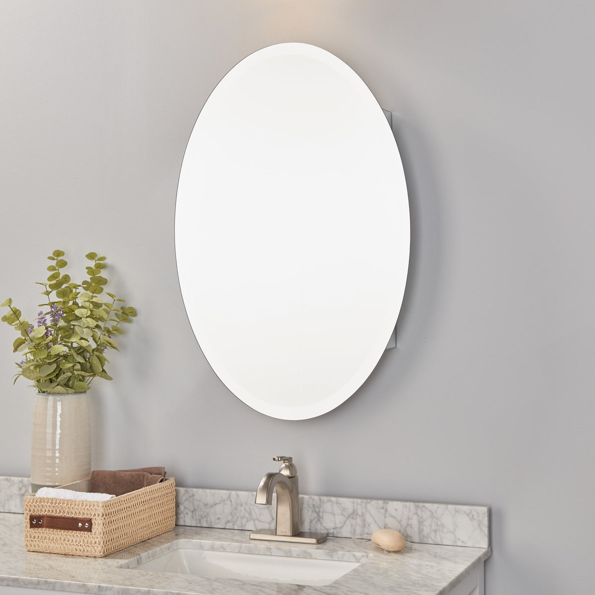 allen + roth 21-in x 31-in Surface Mount Frameless Mirrored Oval Medicine Cabinet