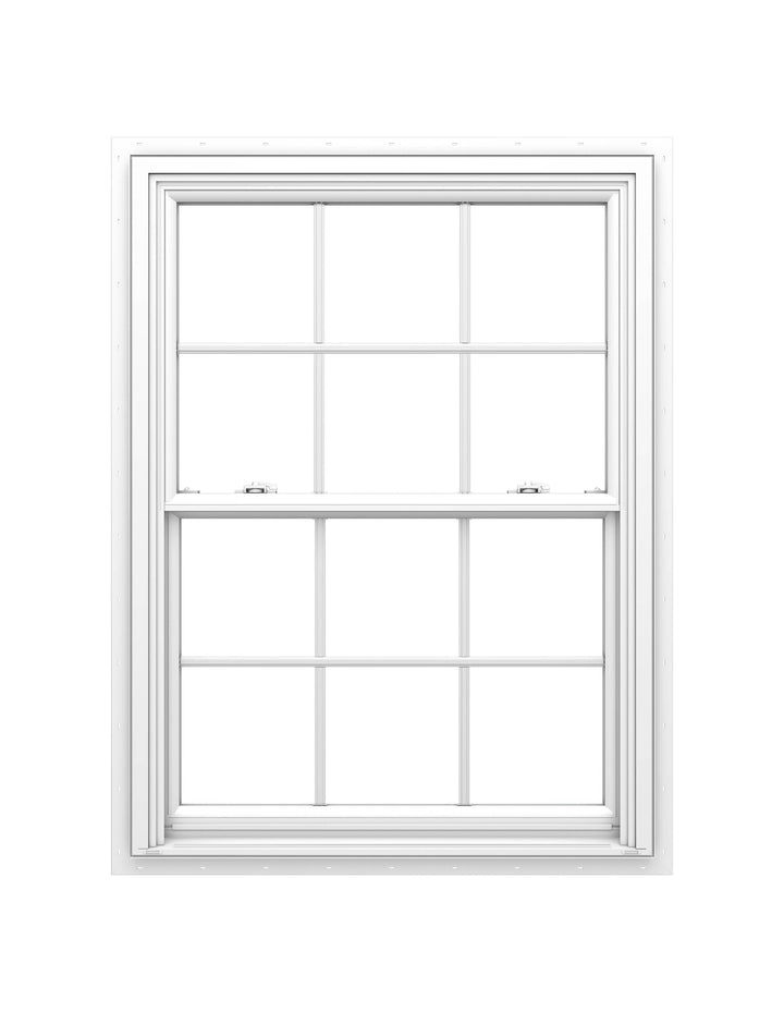 Pella 150 Series New Construction 31-1/2-in x 53-1/2-in White Vinyl Low‑E Argon Double Hung Window with Grids, Full Screen Included