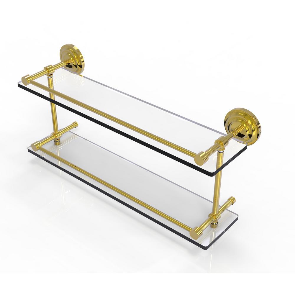 Que New 22 in. L x 8 in. H x 5 in. W 2-Tier Clear Glass Bathroom Shelf with Gallery Rail in Satin Nickel - Super Arbor