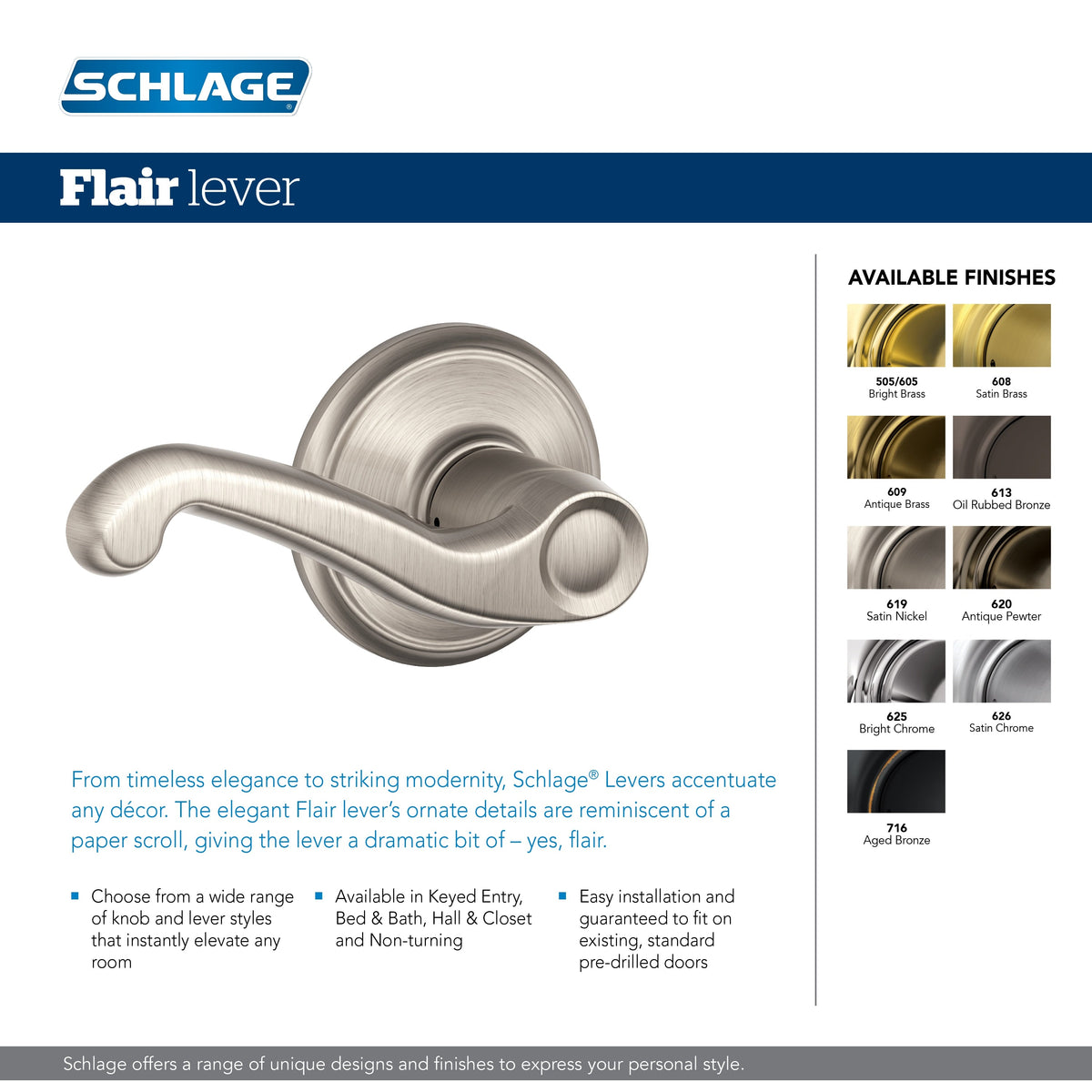 Schlage FB50 Flair Aged Bronze Single-Cylinder Deadbolt & Reversible Keyed Entry Door Lever Combo Pack