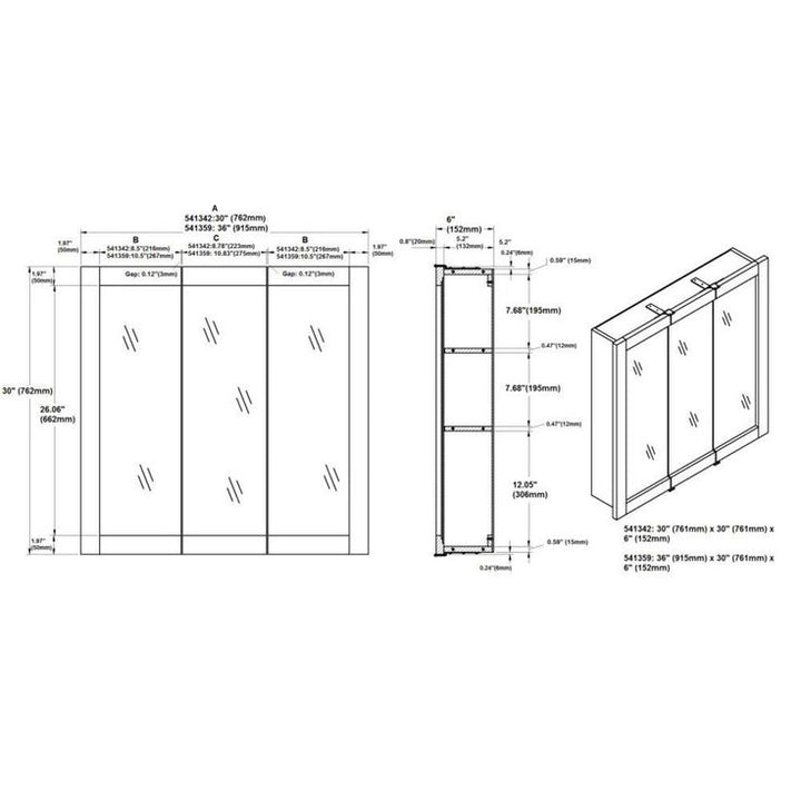 Ventura 30 in. W x 30 in. H x 6 in. D Framed Tri-View Surface-Mount Bathroom Medicine Cabinet in Espresso