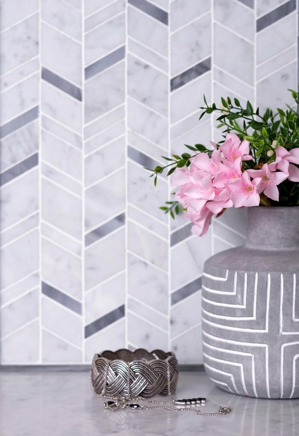 Apollo Tile Indigo Gray and White 11-in x 13-in Polished Natural Stone Marble Herringbone Patterned Floor and Wall Tile (4.95-sq. ft/ Carton)