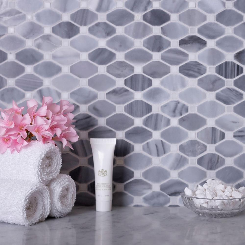 Apollo Tile Indigo Gray and White 12-in x 12-in Polished Natural Stone Marble Octagon Dot Patterned Floor and Wall Tile (5.08-sq. ft/ Carton)