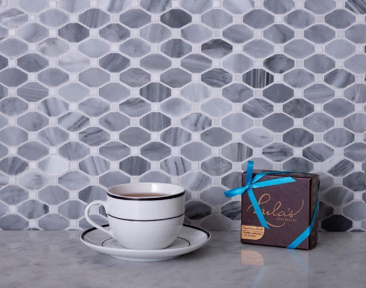 Apollo Tile (Sample) Floor and Wall Tile Gray and White 4-in x 4-in Polished Marble Octagon Dot Patterned Floor and Wall Tile