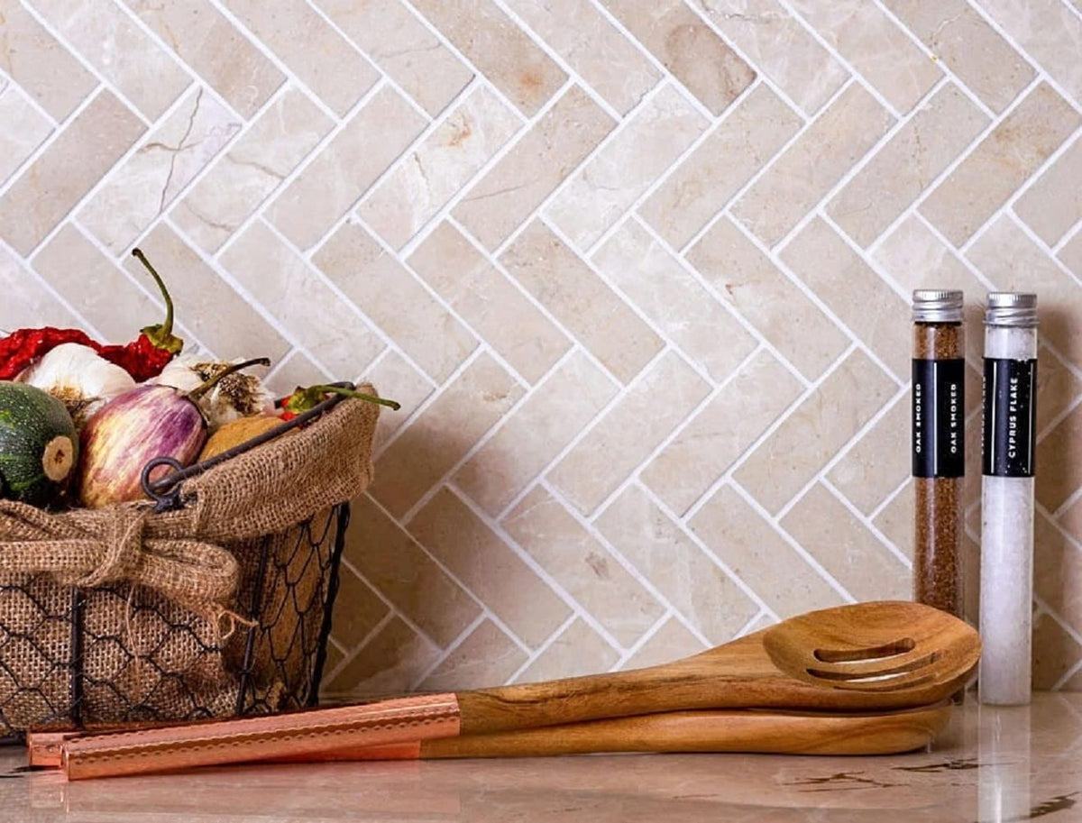 Apollo Tile Naples Beige 12-in x 13-in Polished Natural Stone Marble/Limestone Herringbone Patterned Floor and Wall Tile (5.28-sq. ft/ Carton)