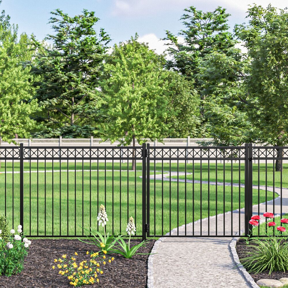 Freedom Hampshire 5-ft H x 5-ft W Black Aluminum Spaced Picket Flat-top Decorative Fence Gate